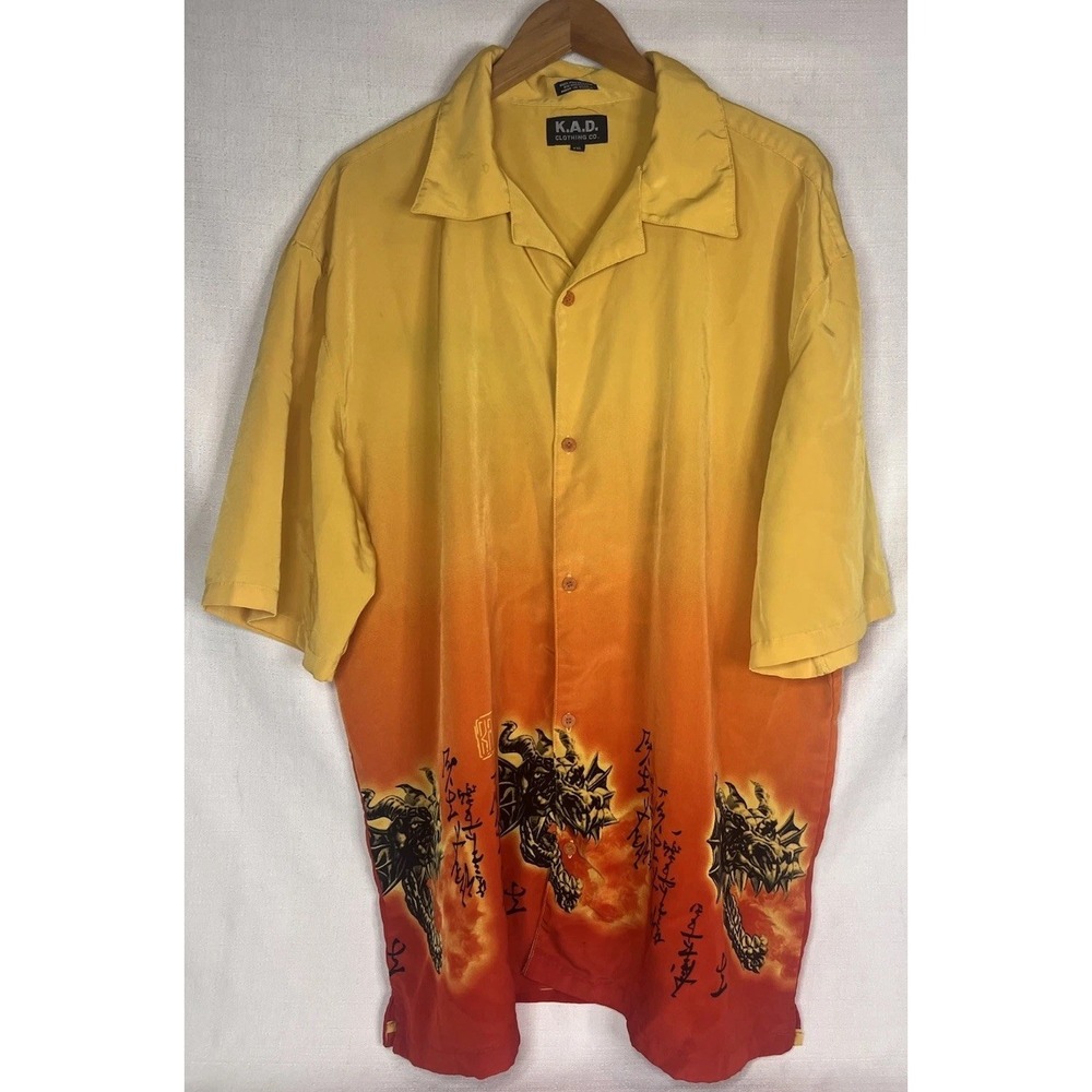 Vtg KAD Clothing Short Sleeve Button Up Shirt Dragon Men XXL Orange Yellow FLAWS